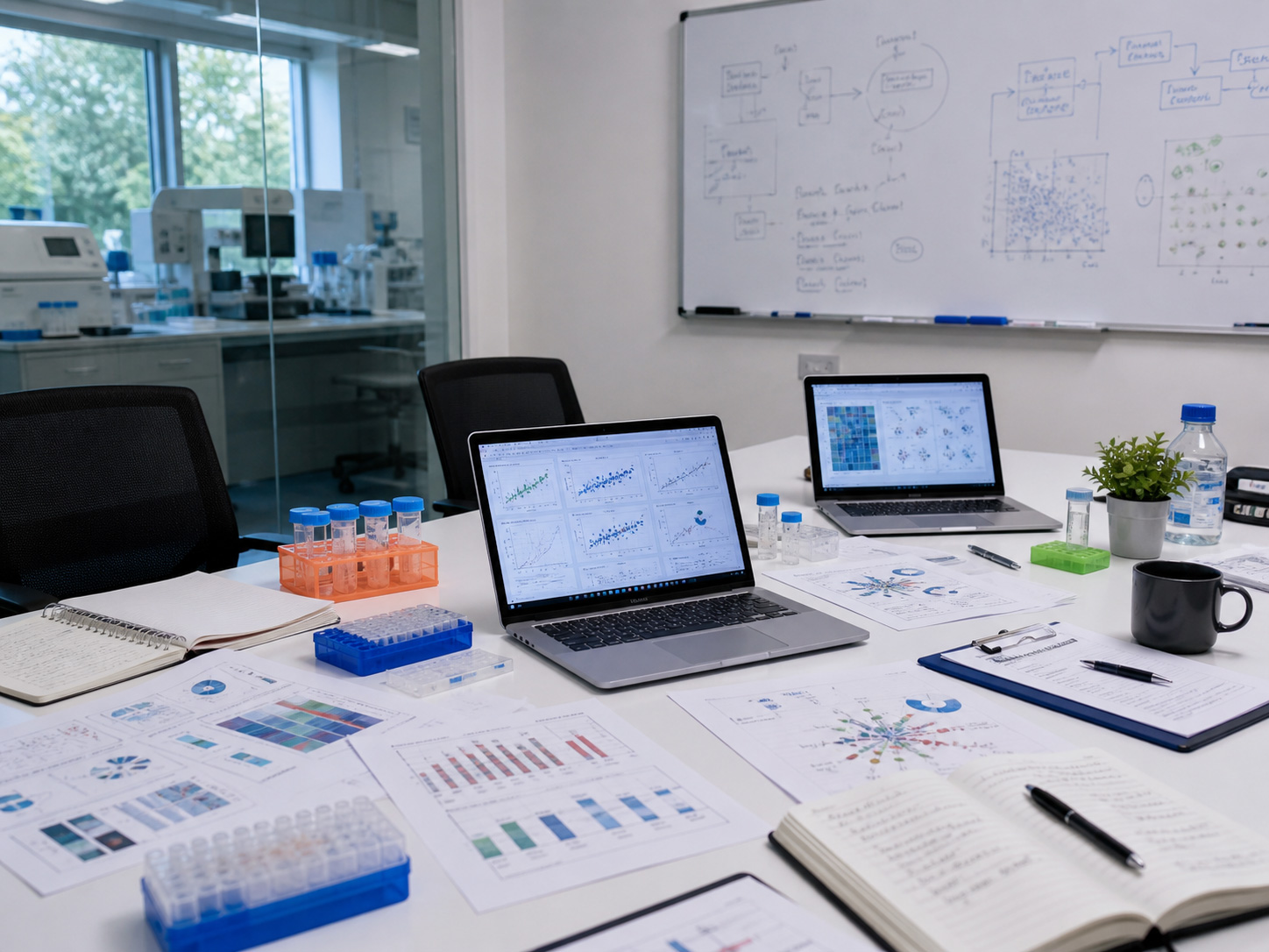 Crossilico project data review workspace beside a wet lab
