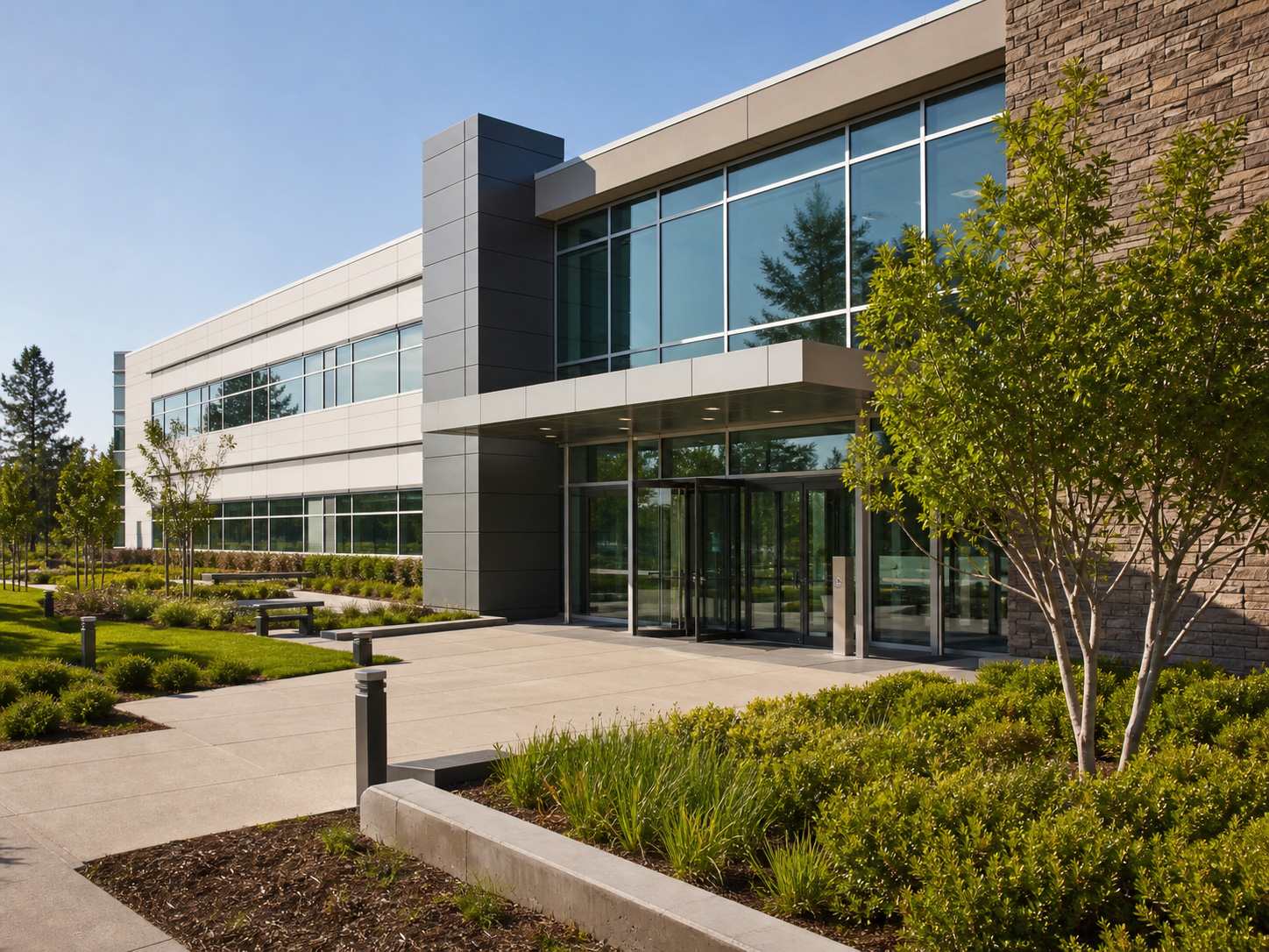 Modern United States biotech office and laboratory building exterior
