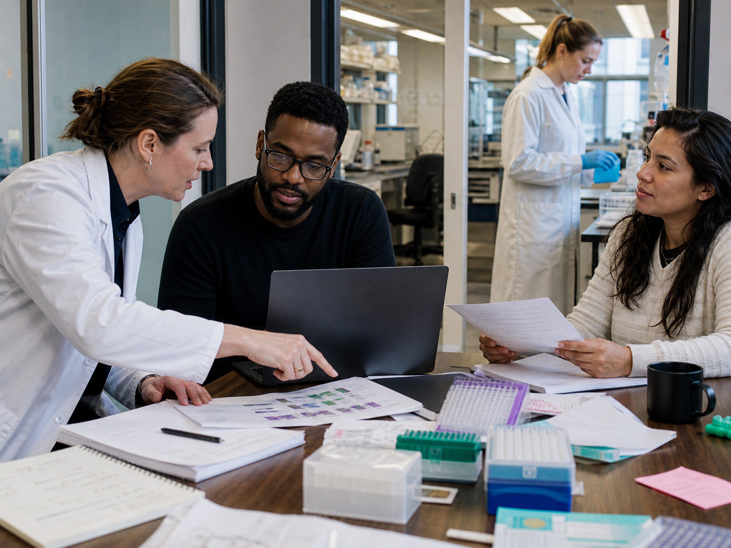 Scientists reviewing assay charts and project data in a working lab-office space