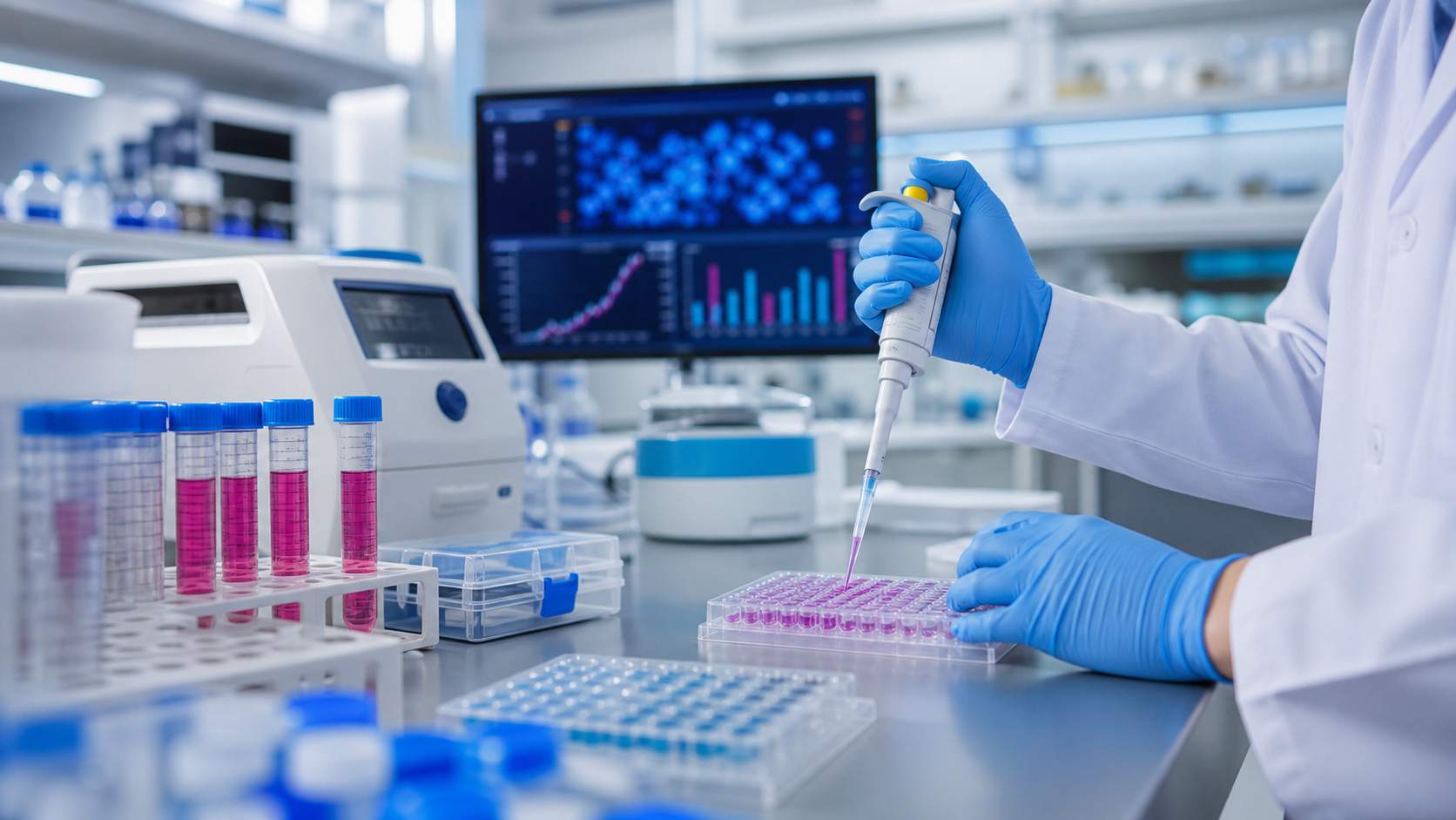 Wet-lab validation workflow with microplate and samples